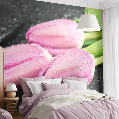 Papier Peint Photo Premium Canvas - Lilas trois sur une pierre noire - Fleurs, Tulipes, Bouquet de fleurs - 250x175 cm