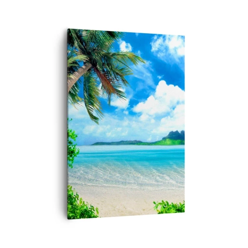 Impression sur toile - Image sur toile - Plage tropicale avec palmiers et vue sur l'île - 70x100cm - L'azur des tropiques - Décoration murale moderne pour le salon et la chambre ARTTOR