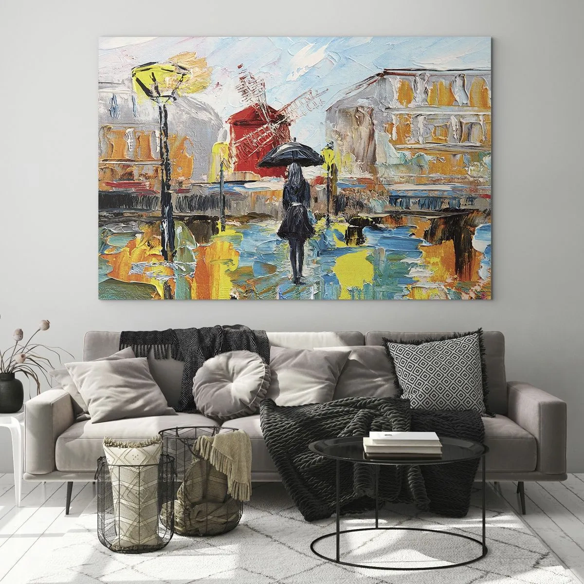 Impression sur verre - Image sur verre - Une femme avec un parapluie sur fond de ville dans le style de l'impressionnisme - 70x50cm - Légende parisienne - Décoration murale moderne pour le salon et la chambre ARTTOR