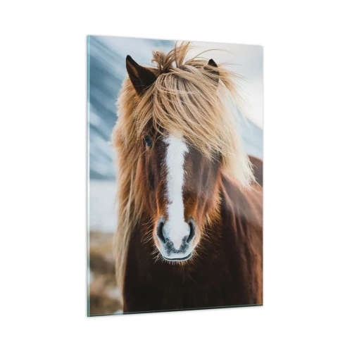Impression sur verre - Image sur verre - Un cheval dans un paysage de montagne en hiver - 50x70cm - Sentez-vous la liberté ? - Décoration murale moderne pour le salon et la chambre ARTTOR