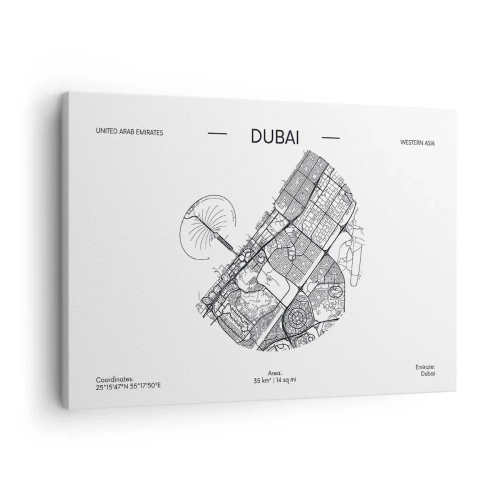 Impression sur toile - Image sur toile - Une carte minimaliste en noir et blanc de Dubaï avec des marquages de localisation. - 70x50cm - Anatomie de Dubaï - Décoration murale moderne pour le salon et la chambre ARTTOR