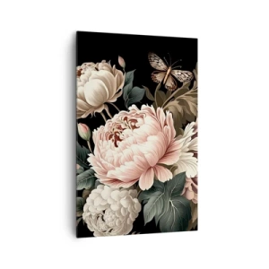 Impression sur toile - Image sur toile - Un bouquet de fleurs roses et de papillons sur fond noir - 80x120cm - De style baroque - Décoration murale moderne pour le salon et la chambre ARTTOR
