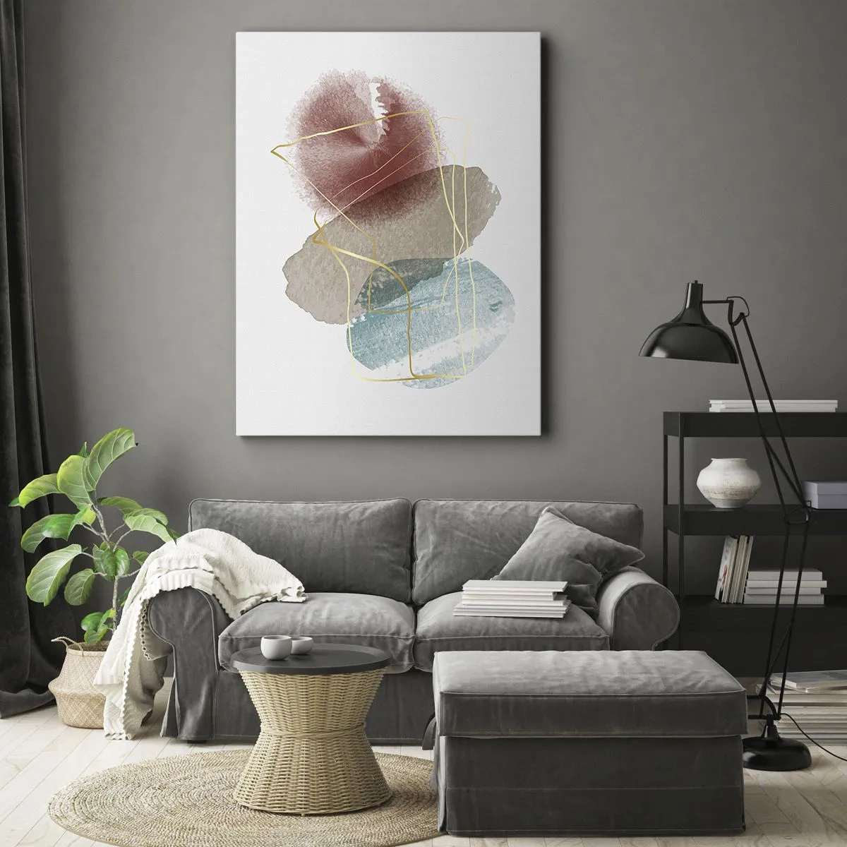 Impression sur toile - Image sur toile - Formes abstraites aux couleurs délicates et aux lignes dorées - 50x70cm - Coraux de l'espace - Décoration murale moderne pour le salon et la chambre ARTTOR