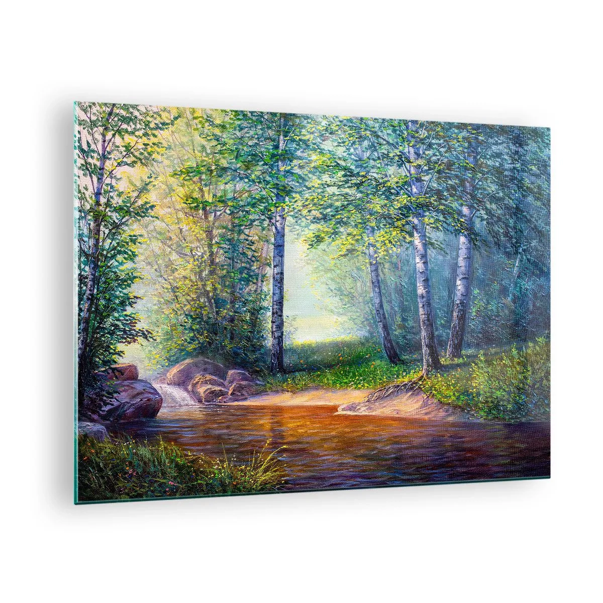 Impression sur verre - Image sur verre - Un ruisseau forestier entouré d'arbres sous les rayons du soleil - 70x50cm - Paysage idyllique - Décoration murale moderne pour le salon et la chambre ARTTOR