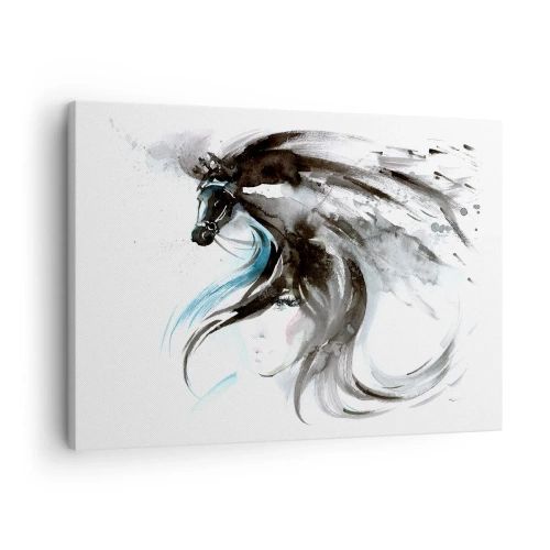 Impression sur toile - Image sur toile - Une femme et un cheval dans une aquarelle mystique pleine de dynamique - 70x50cm - Galop du prince noir - Décoration murale moderne pour le salon et la chambre ARTTOR