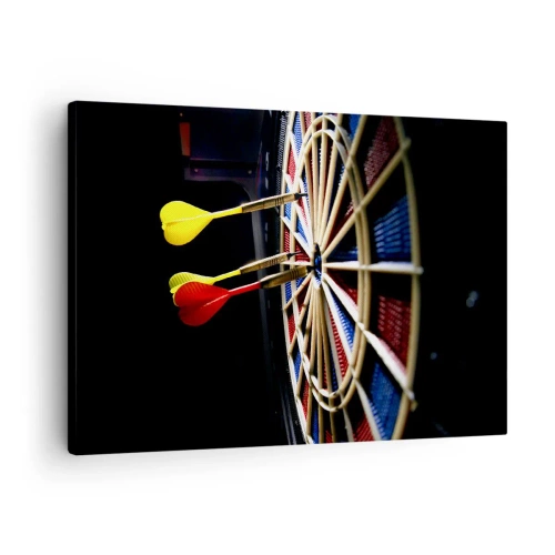 Impression sur toile - Image sur toile - Un jeu de fléchettes avec des fléchettes frappées sur un fond noir - 70x50cm - Droit au but - Décoration murale moderne pour le salon et la chambre ARTTOR