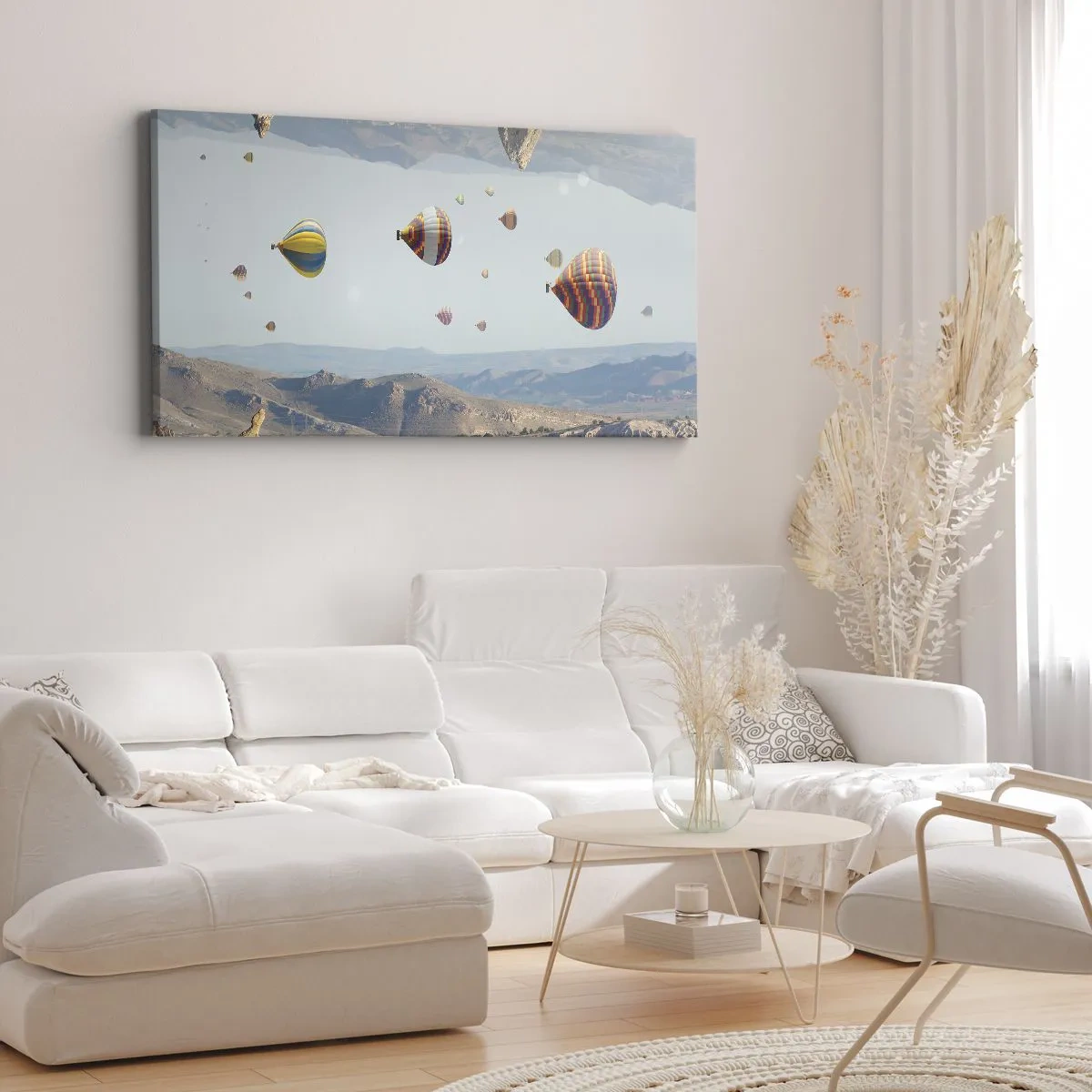 Impression sur toile - Image sur toile - Ballons colorés au-dessus d'un paysage rocheux - 140x50cm - Ici, tout est possible - Décoration murale moderne pour le salon et la chambre ARTTOR