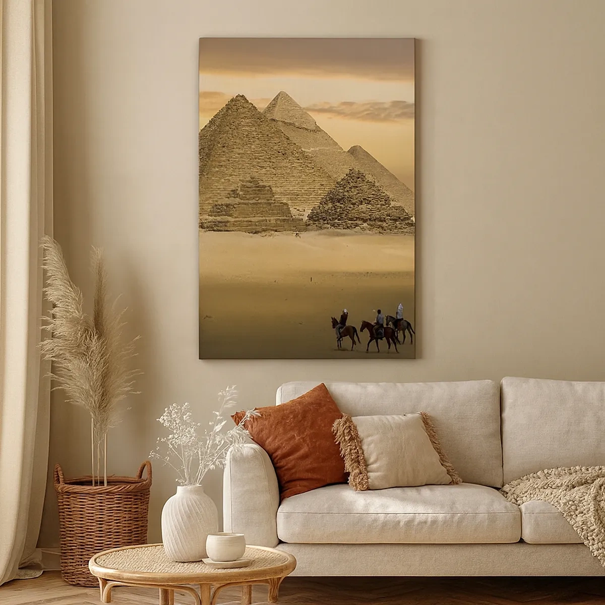 Impression sur toile - Image sur toile - Pyramides d'Égypte au coucher du soleil avec des cavaliers à cheval - 50x70cm - Aucun changement depuis des milliers d'années - Décoration murale moderne pour le salon et la chambre ARTTOR