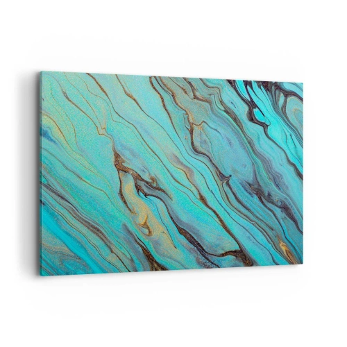 Impression sur toile - Image sur toile - Vagues abstraites dans des tons turquoise et or - 120x80cm - Marée turquoise - Décoration murale moderne pour le salon et la chambre ARTTOR
