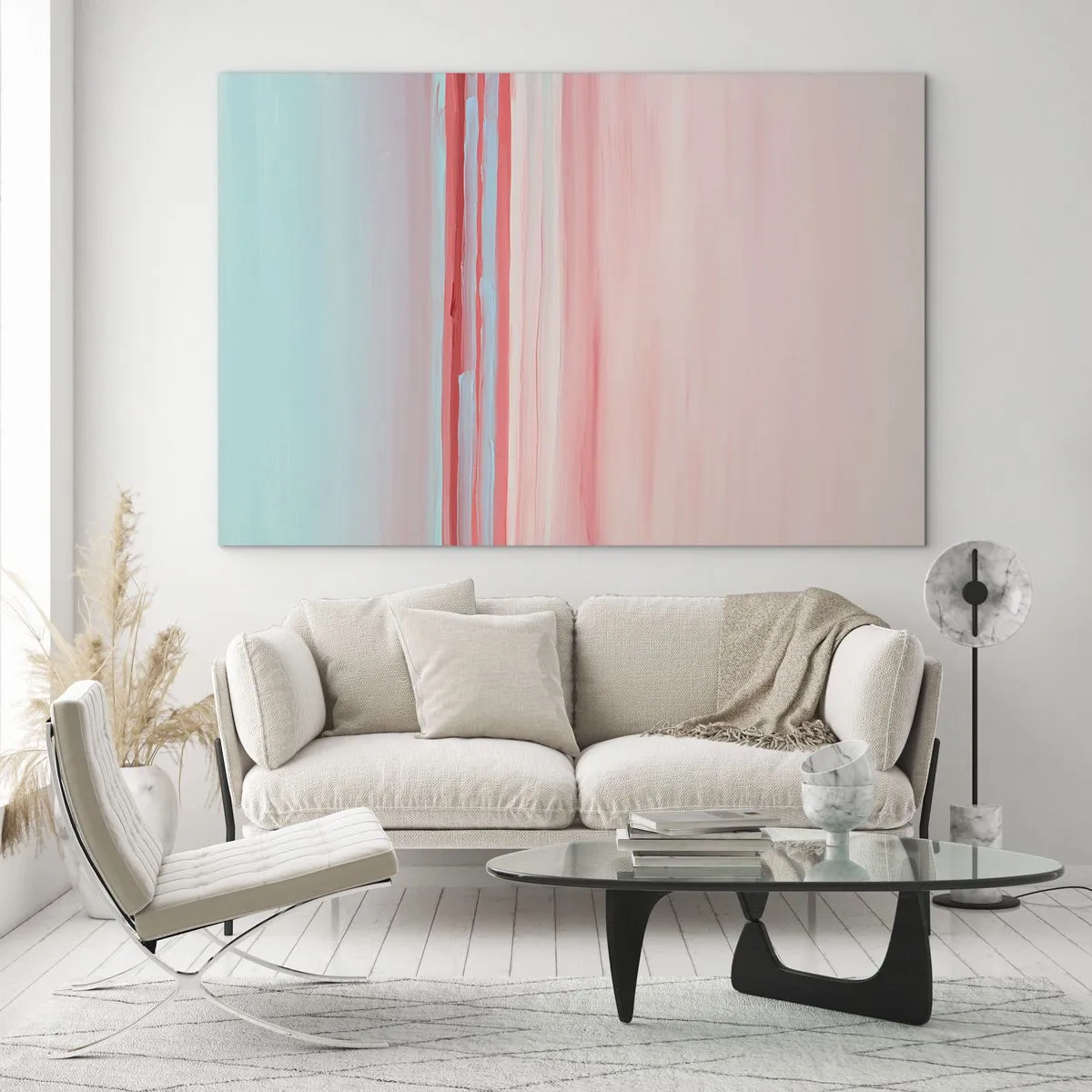 Impression sur verre - Image sur verre - Rayures verticales dans des tons pastel de rose et de bleu - 70x50cm - Abstraction à l'aube - Décoration murale moderne pour le salon et la chambre ARTTOR