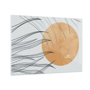 Impression sur verre - Image sur verre - Soleil orange avec des lignes dynamiques sur fond clair - 70x50cm - Toujours vers le soleil - Décoration murale moderne pour le salon et la chambre ARTTOR