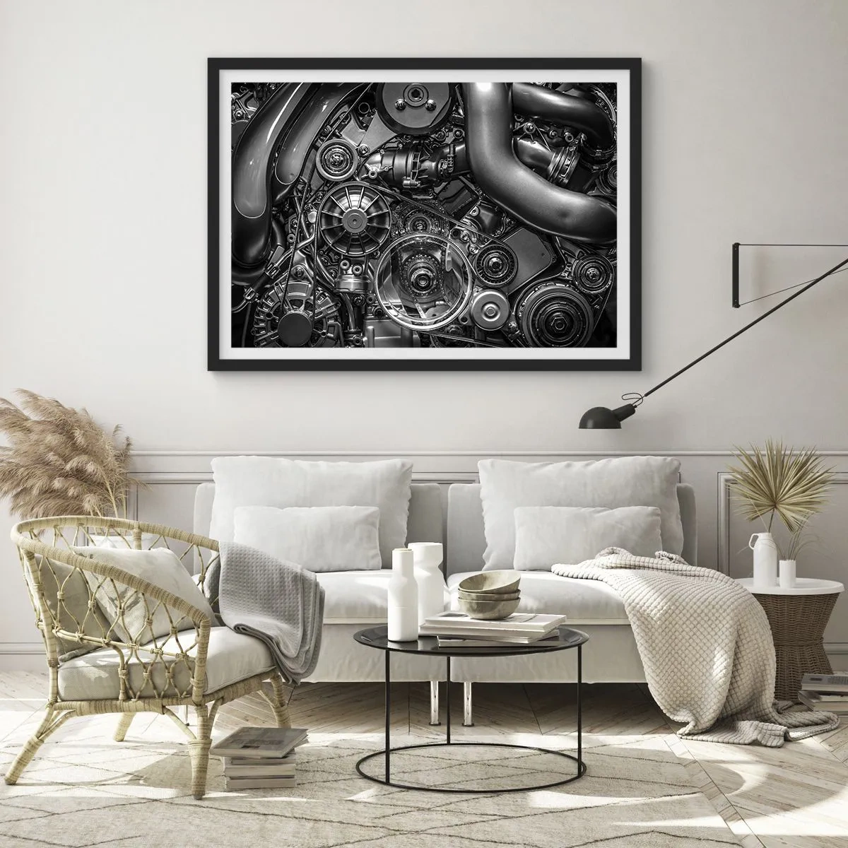 Affiche dans un cadre noir - Poster - Gros plan noir et blanc des détails mécaniques d'un moteur de voiture. - 100x70cm - Poésie mécanique - Décoration murale moderne pour le salon et la chambre ARTTOR