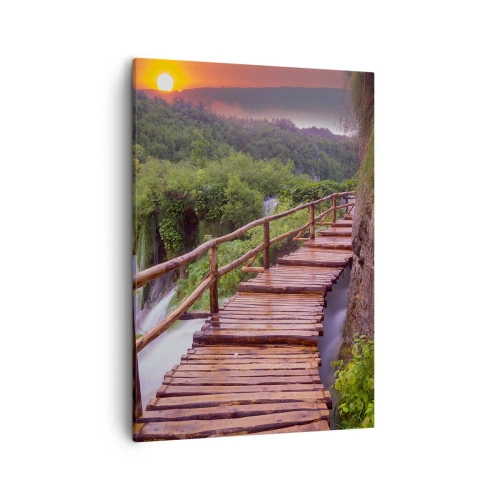 Impression sur toile - Image sur toile - Un pont surplombant les cascades au coucher du soleil - 50x70cm - La beauté au-delà de la croyance - Décoration murale moderne pour le salon et la chambre ARTTOR