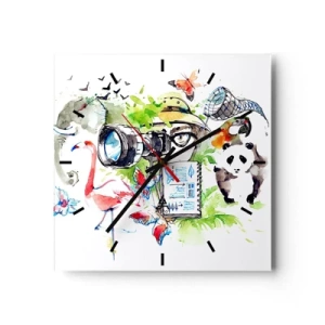 Horloge murale - Pendule murale - Des graphismes colorés sur le thème de la nature et du safari - 30x30cm - Dans l'objectif d'un voyageu - Décoration murale moderne pour le salon et la chambre ARTTOR