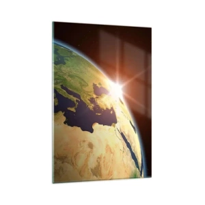 Impression sur verre - Image sur verre - Vue de la Terre depuis l'espace avec les rayons du soleil à l'horizon - 80x120cm - Lever de soleil - Décoration murale moderne pour le salon et la chambre ARTTOR