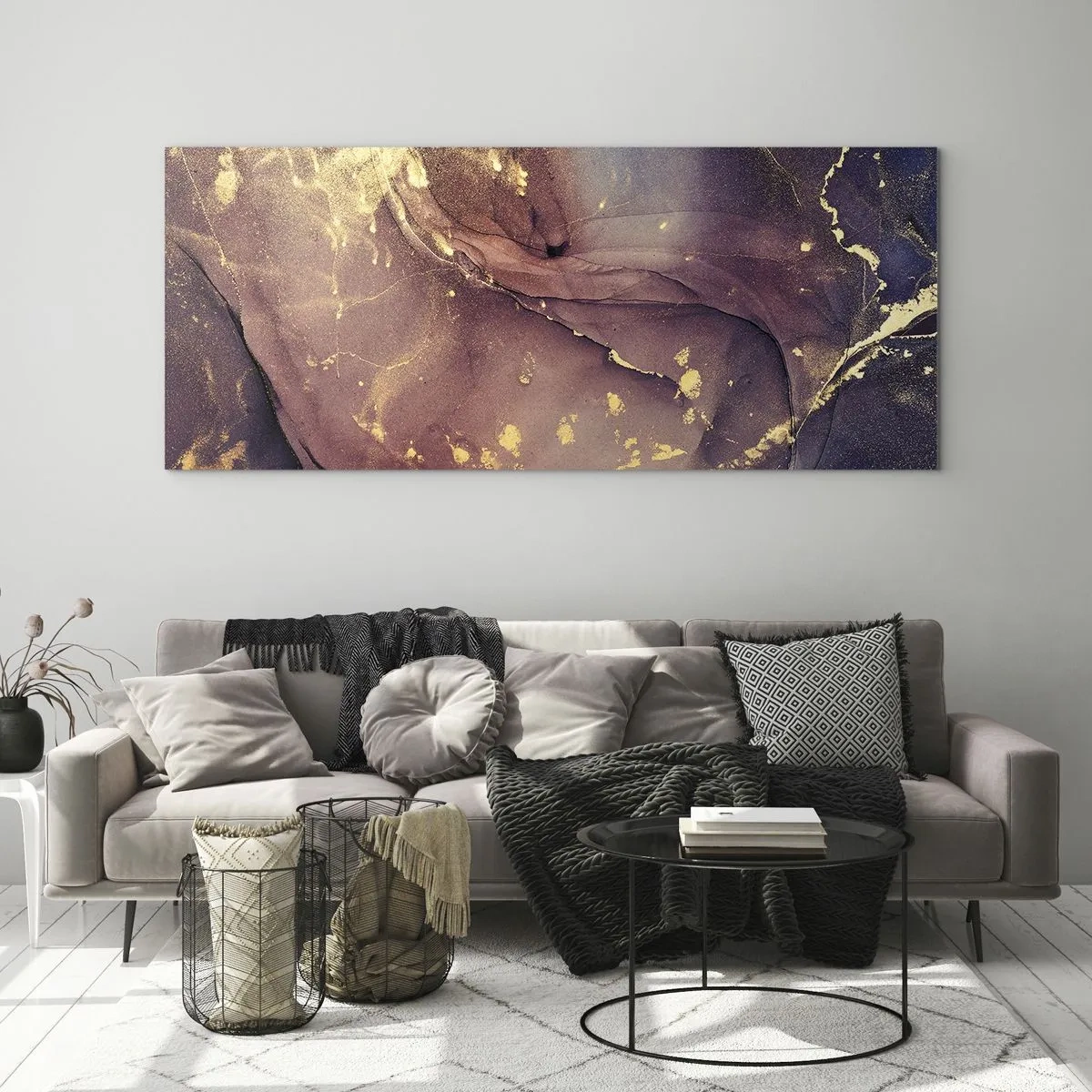 Impression sur verre - Image sur verre - Composition abstraite aux nuances d'or et de violet - 120x50cm - Matière et esprit - Décoration murale moderne pour le salon et la chambre ARTTOR
