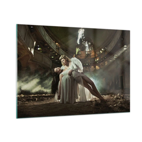 Impression sur verre - Image sur verre - Une figure d'ange tenant une femme dans les ruines d'un bâtiment - 100x70cm - L'esprit du théâtre ancien - Décoration murale moderne pour le salon et la chambre ARTTOR