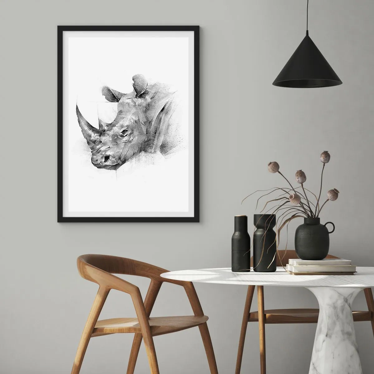 Affiche dans un cadre noir - Poster - Dessin graphique d'un rhinocéros en noir et blanc - 50x70cm - Potrait africain - Décoration murale moderne pour le salon et la chambre ARTTOR