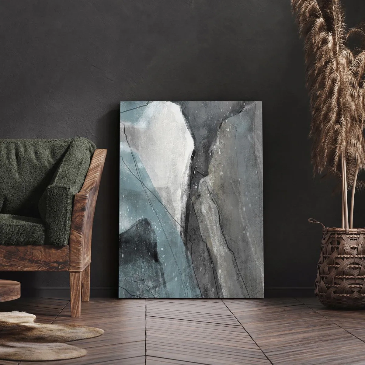 Impression sur toile - Image sur toile - Composition abstraite dans les tons de gris et de bleu - 50x70cm - Résumé : roches et glace - Décoration murale moderne pour le salon et la chambre ARTTOR