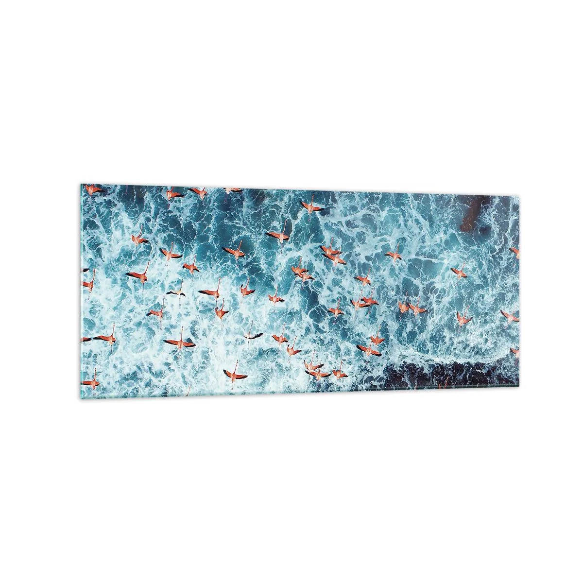 Impression sur verre - Image sur verre - Vue aérienne de flamants roses sur un océan bleu - 120x50cm - Défilé du bord de mer - Décoration murale moderne pour le salon et la chambre ARTTOR