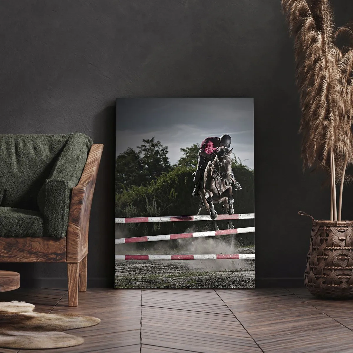 Impression sur toile - Image sur toile - Un cavalier sur un cheval sautant par-dessus un obstacle sur une piste de course - 50x70cm - Ensemble pour la victoire - Décoration murale moderne pour le salon et la chambre ARTTOR