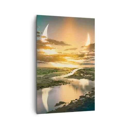 Impression sur toile - Image sur toile - Un paysage fantastique avec deux lunes à l'horizon - 80x120cm - Quelque part dans une galaxie lointaine, très lointaine - Décoration murale moderne pour le salon et la chambre ARTTOR