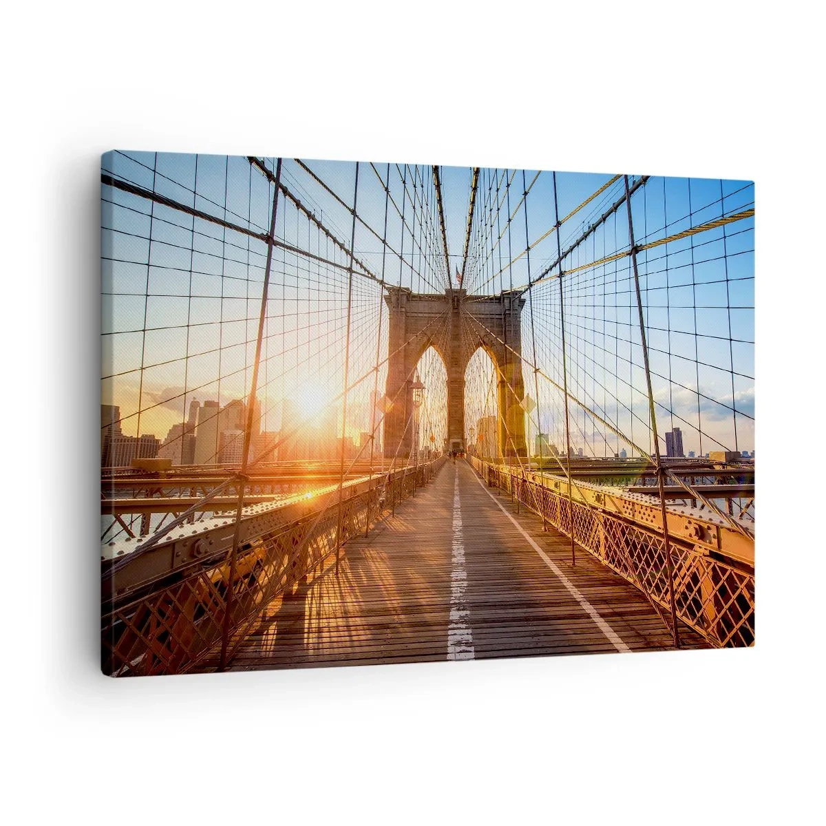 Impression sur toile - Image sur toile - Le pont à la lumière du soleil couchant avec vue sur la ville - 70x50cm - Sur le pont d'or - Décoration murale moderne pour le salon et la chambre ARTTOR