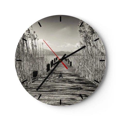 Horloge murale - Pendule murale - Un pont en bois parmi l'herbe menant au lac - 30x30cm - Dans le calme de l'herbe - Décoration murale moderne pour le salon, la cuisine et la chambre ARTTOR