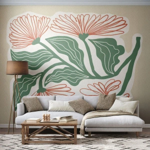 Papier Peint Photo Premium Canvas - Un dessin de fleurs dans un style minimaliste avec des feuilles vertes - 100x70cm - Folk et moderne - Décoration murale moderne pour le salon et la chambre ARTTOR
