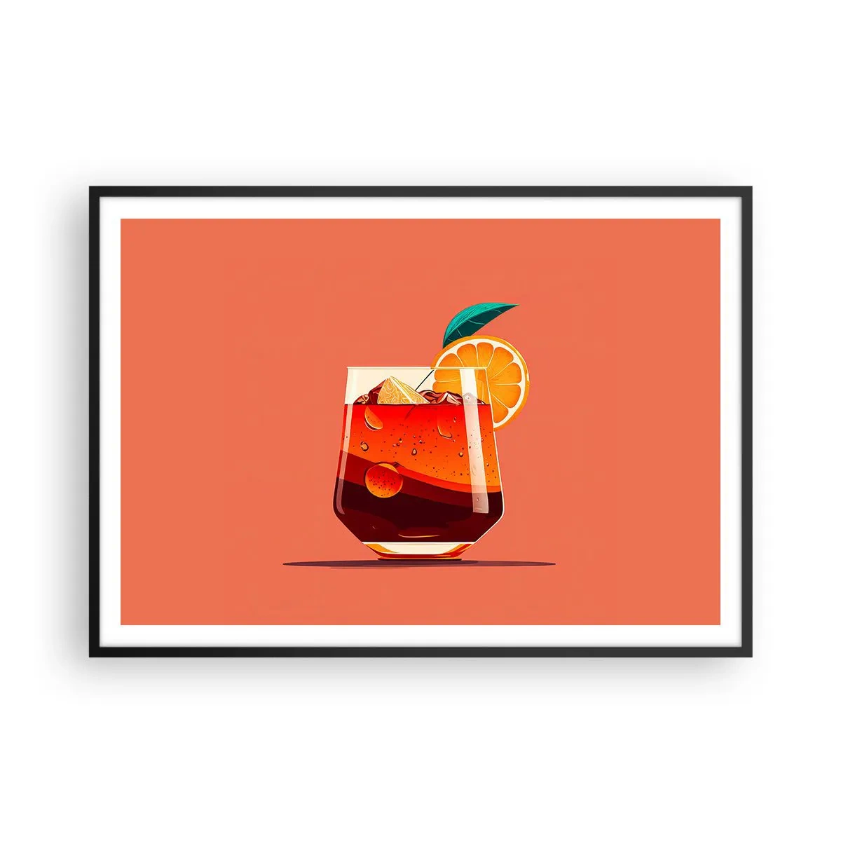 Affiche dans un cadre noir - Poster - Un verre de boisson et une tranche d'orange sur un fond orange - 100x70cm - Rafraîchissement d'été - Décoration murale moderne pour le salon et la chambre ARTTOR