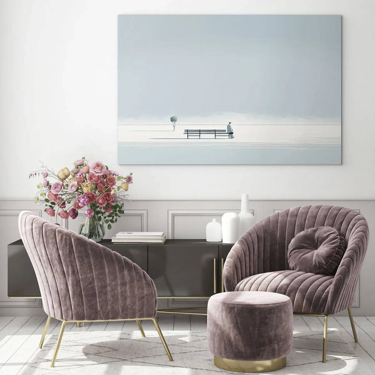 Impression sur verre - Image sur verre - Une figure sur un banc dans un paysage minimaliste - 70x50cm - Oui, j'attends. - Décoration murale moderne pour le salon et la chambre ARTTOR
