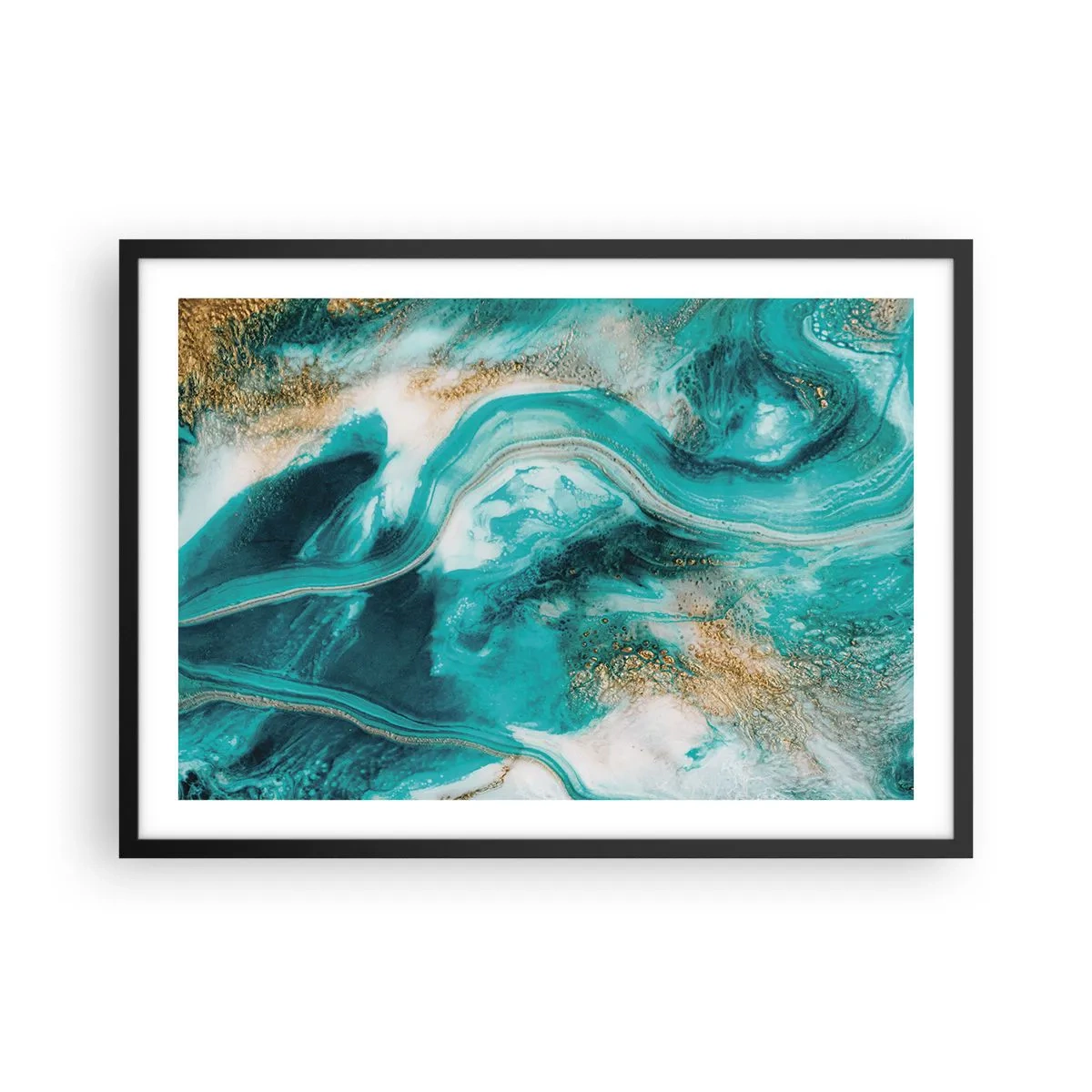 Affiche dans un cadre noir - Poster - Abstraction turquoise avec des accents blancs et dorés - 70x50cm - Rivière d'or - Décoration murale moderne pour le salon et la chambre ARTTOR