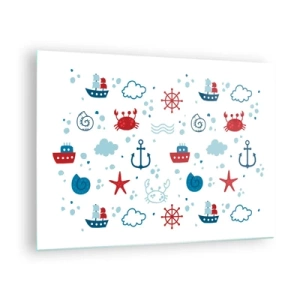 Impression sur verre - Image sur verre - Motifs nautiques avec crabes, ancres et navires - 70x50cm - Conte de fées de la mer - Décoration murale moderne pour le salon et la chambre ARTTOR