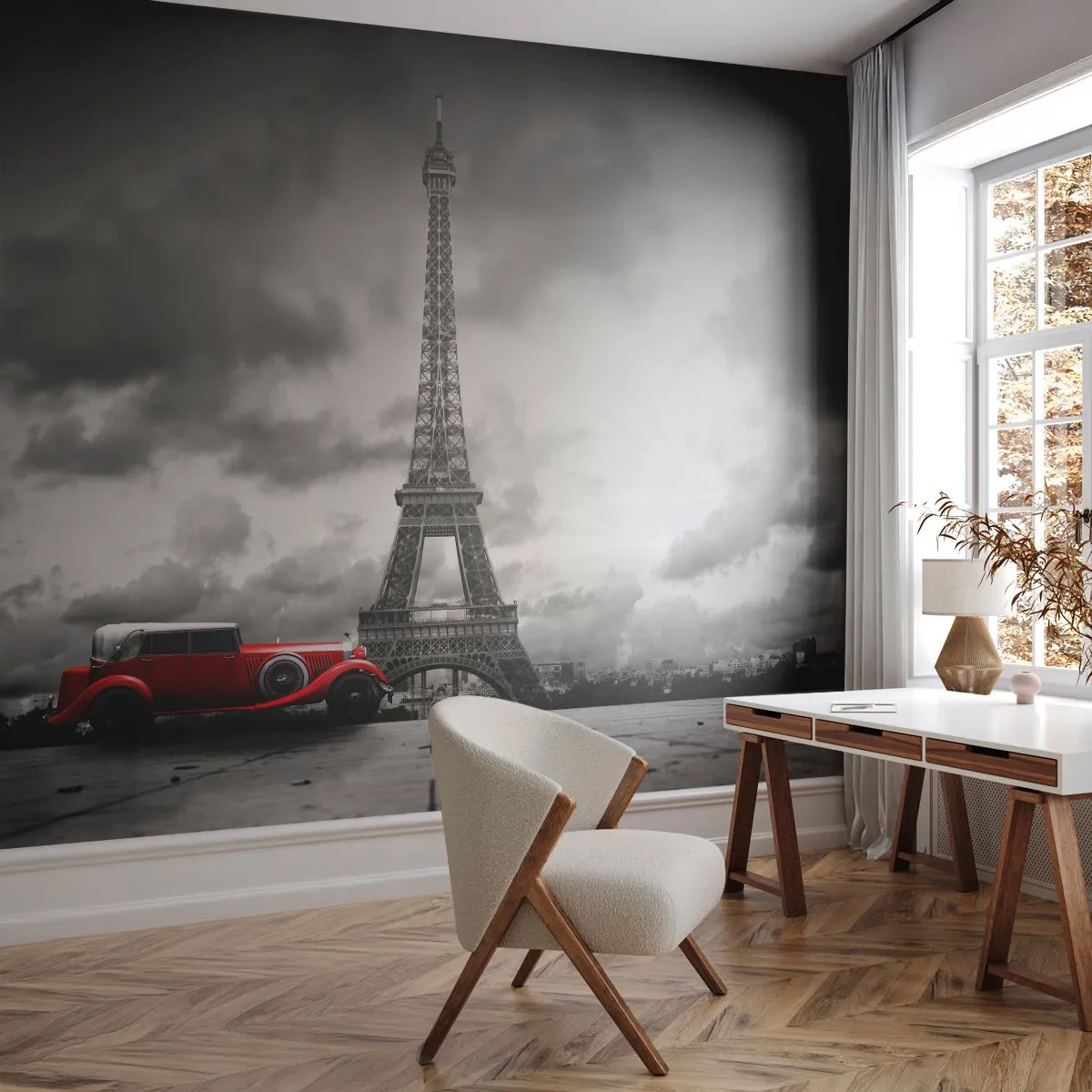 Papier Peint Photo Premium Canvas - Il n'y a pas si longtemps à Paris - Automobile, tour Eiffel, Paris - 250x175 cm