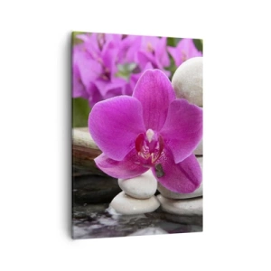 Impression sur toile - Image sur toile - Orchidée violette, pierres et bambou avec de l'eau dans un cadre relaxant - 50x70cm - Tu te reposes déjà - Décoration murale moderne pour le salon et la chambre ARTTOR