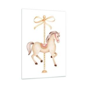 Impression sur verre - Image sur verre - Cheval de carrousel beige avec un nœud sur fond blanc - 50x70cm - Un trot gracieux - Décoration murale moderne pour le salon et la chambre ARTTOR