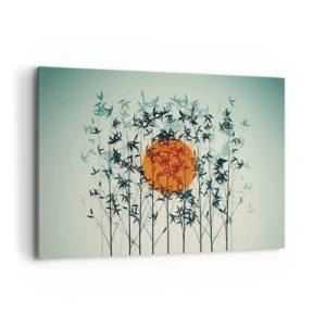 Impression sur toile - Image sur toile - Soleil orange parmi les branches de bambou - 100x70cm - Soleil japonnais - Décoration murale moderne pour le salon et la chambre ARTTOR
