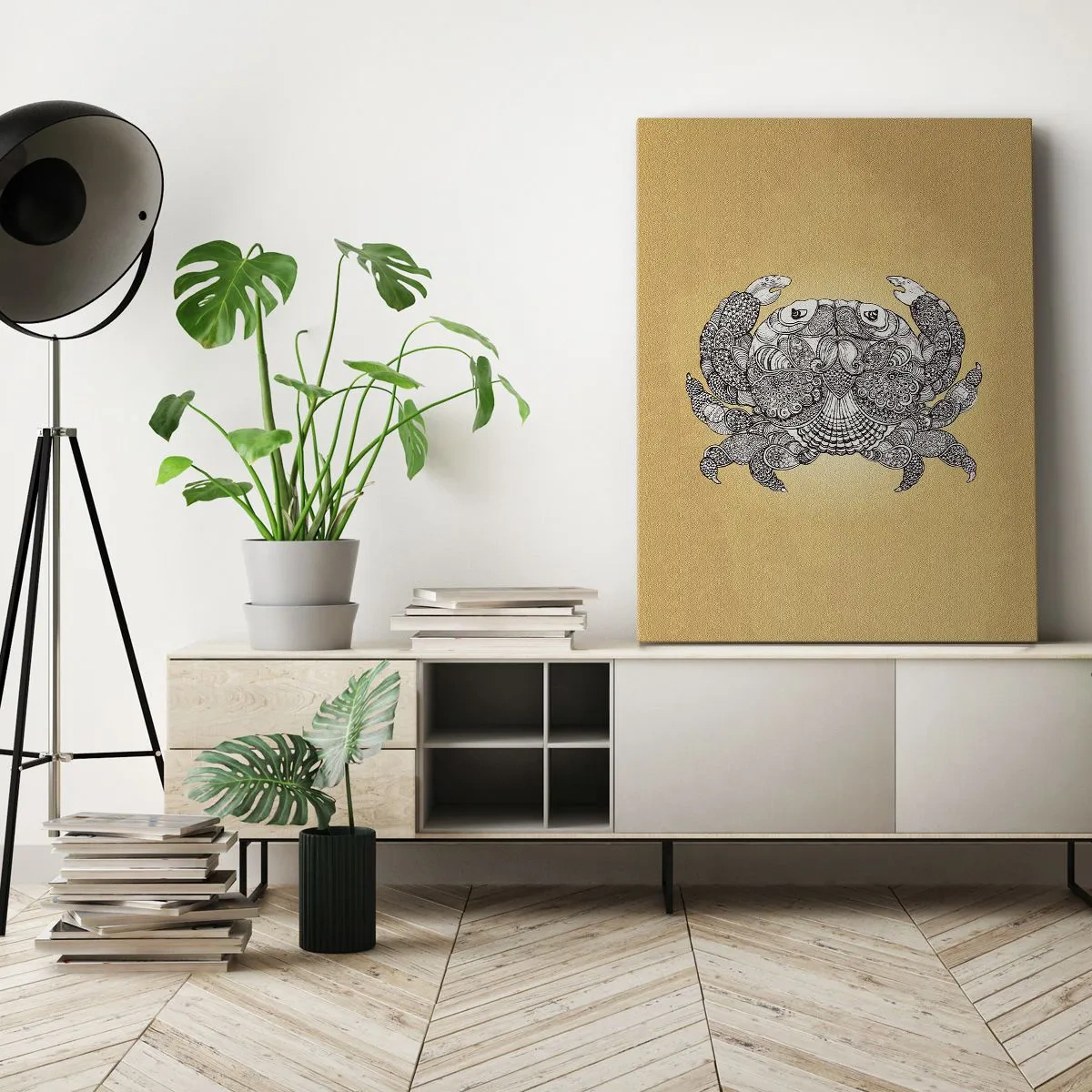 Impression sur toile - Image sur toile - Dessin décoratif d'un crabe sur fond doré - 80x120cm - Les contes de M. Crabe - Décoration murale moderne pour le salon et la chambre ARTTOR