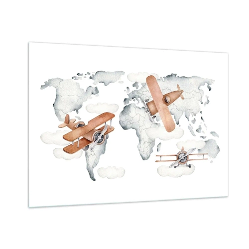 Impression sur verre - Image sur verre - Carte du monde des avions rétro pour les enfants - 100x70cm - Dans un esprit pionnier - Décoration murale moderne pour le salon et la chambre ARTTOR
