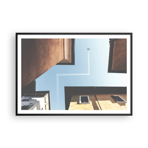 Affiche dans un cadre noir - Poster - Vue de l'avion et de sa traînée dans le ciel depuis une perspective de rue - 100x70cm - Au-dessus du labyrinthe de la ville - Décoration murale moderne pour le salon et la chambre ARTTOR
