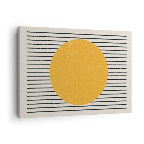 Impression sur toile - Image sur toile - Un cercle jaune sur un fond de lignes horizontales noires et blanches - 70x50cm - Le pouvoir de la simplicité - Décoration murale moderne pour le salon et la chambre ARTTOR