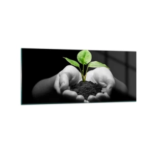 Impression sur verre - Image sur verre - Mains tenant une plante verte sur fond noir - 120x50cm - J'aime la nature, je la protège - Décoration murale moderne pour le salon et la chambre ARTTOR