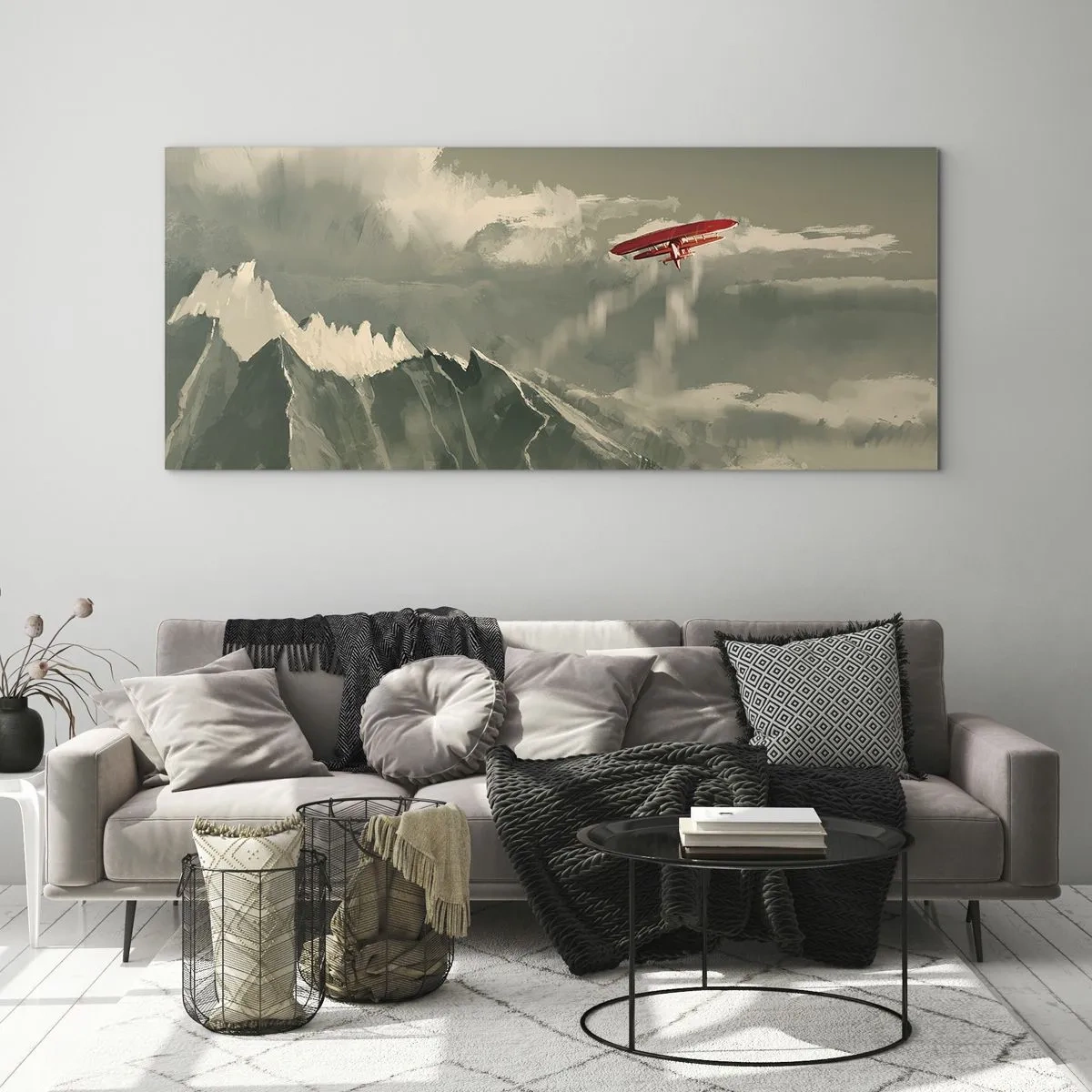 Impression sur verre - Image sur verre - Avion rouge au-dessus des montagnes enneigées - 120x50cm - Pionnier intrépide - Décoration murale moderne pour le salon et la chambre ARTTOR