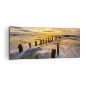 Impression sur toile - Image sur toile - Coucher de soleil sur la mer avec les vestiges d'une ancienne jetée - 120x50cm - La beauté brute de la mer Baltique - Décoration murale moderne pour le salon et la chambre ARTTOR