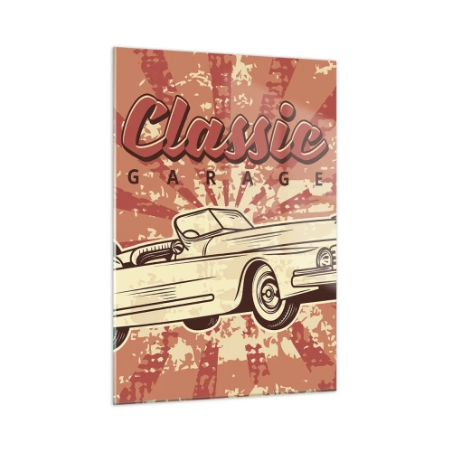 Impression sur verre - Image sur verre - Graphique rétro d'une voiture classique sur fond de rayons - 50x70cm - Et à la radio, Elvis - Décoration murale moderne pour le salon et la chambre ARTTOR