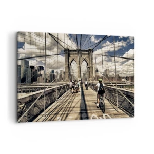Impression sur toile - Image sur toile - Pont de Brooklyn avec vue sur les piétons et les cyclistes - 100x70cm - Directement en plein coeur de la ville - Décoration murale moderne pour le salon et la chambre ARTTOR