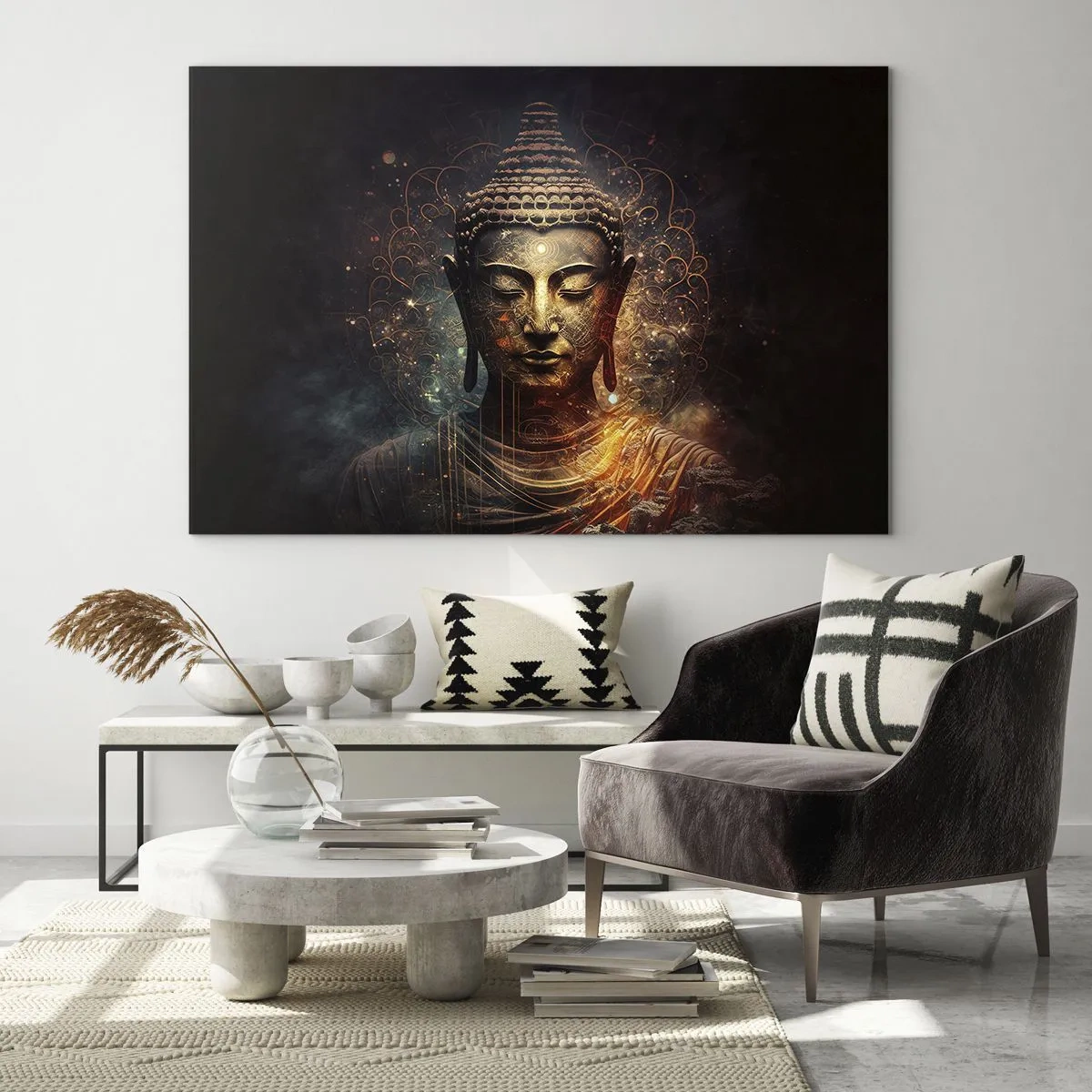 Impression sur verre - Image sur verre - Une figure dorée de Bouddha sur un fond sombre avec des ornements - 100x70cm - Équilibre spirituel - Décoration murale moderne pour le salon et la chambre ARTTOR