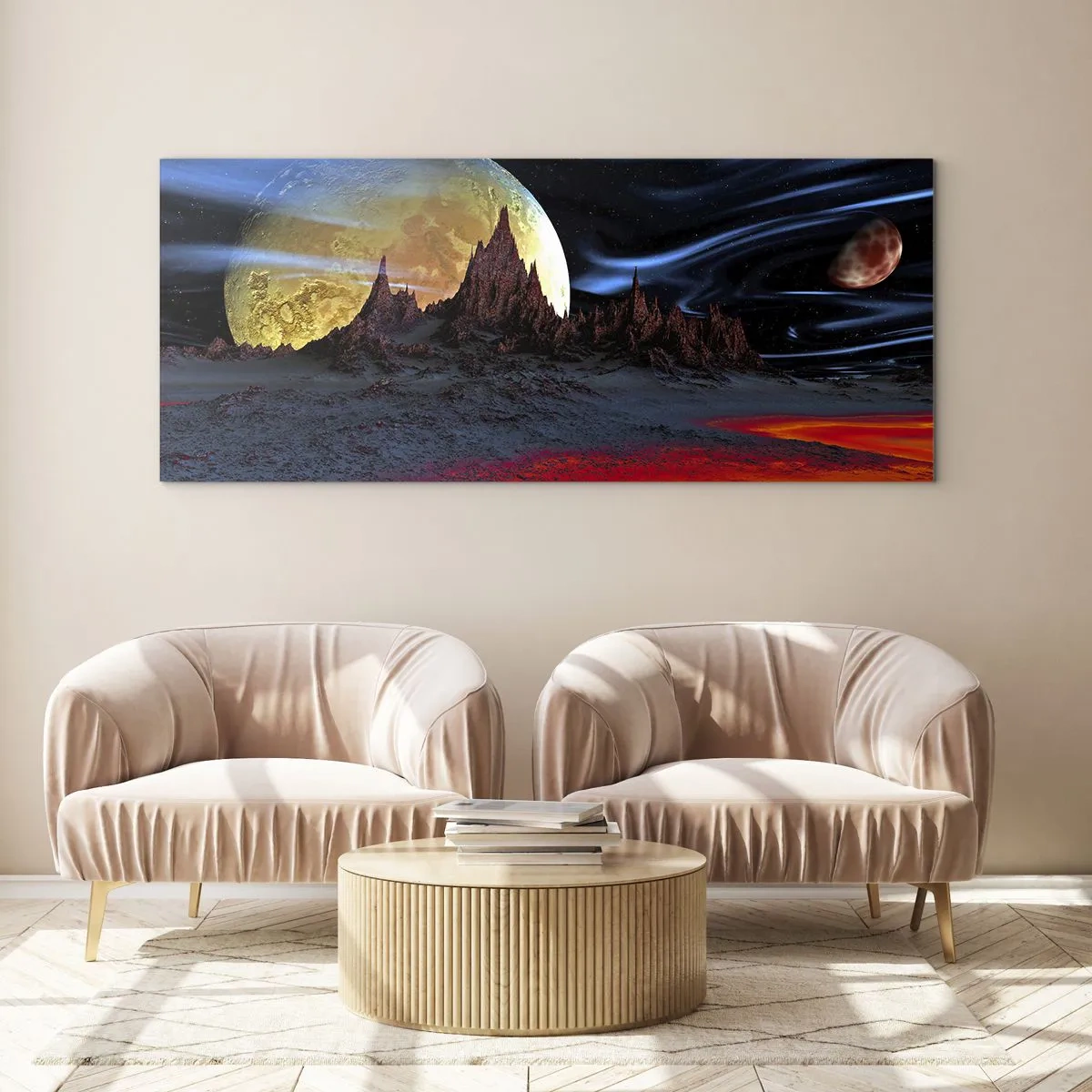 Impression sur verre - Image sur verre - Un paysage fantastique avec des planètes et des paysages volcaniques - 140x50cm - Monde inconnu - Décoration murale moderne pour le salon et la chambre ARTTOR