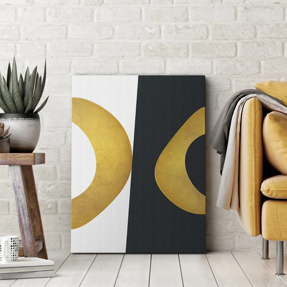 Impression sur toile - Image sur toile - Formes géométriques en or sur fond blanc et foncé - 50x70cm - Avant tout : l’or - Décoration murale moderne pour le salon et la chambre ARTTOR