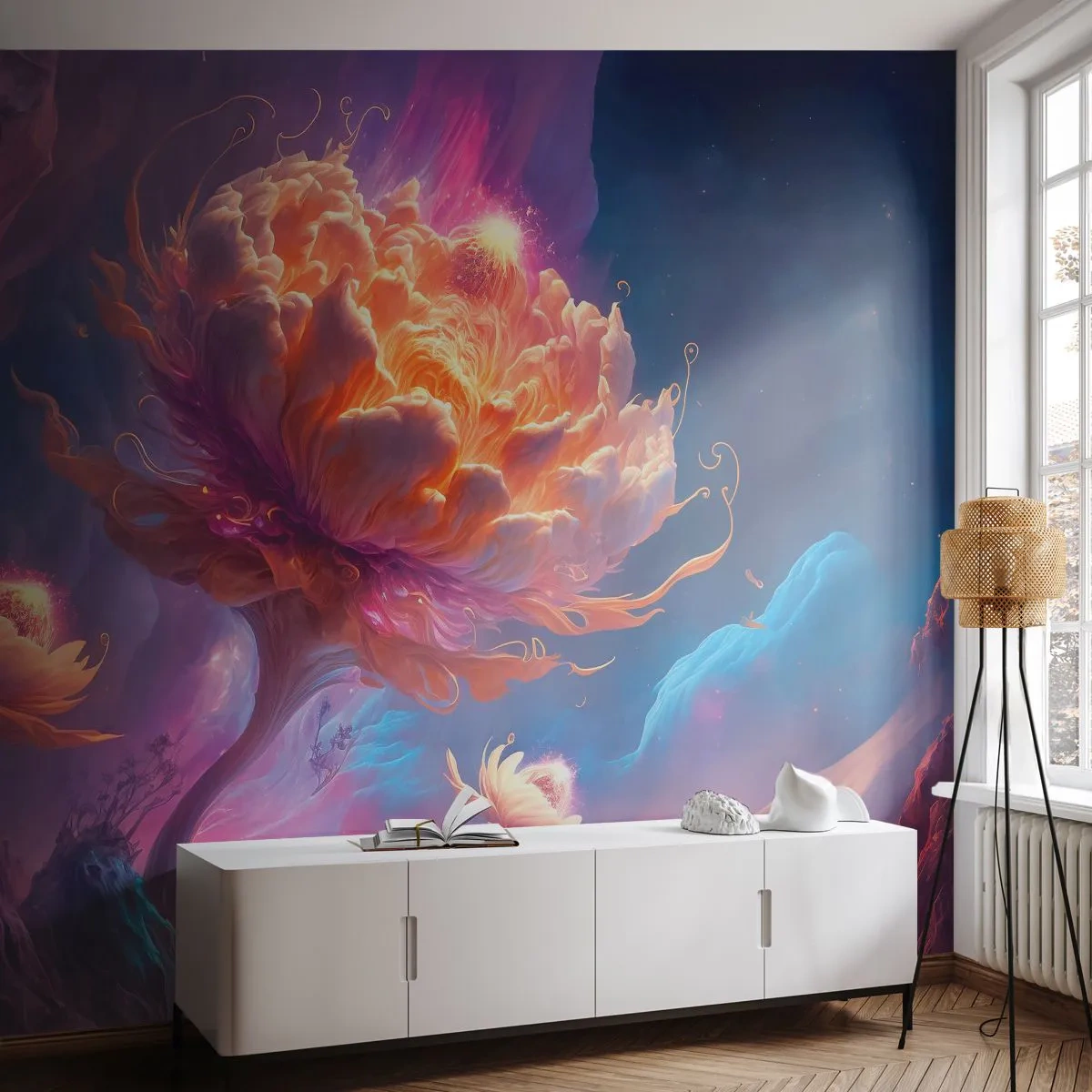 Papier Peint Photo Premium Canvas - Fleurs fantastiques dans un paysage cosmique - 100x70cm - Un autre monde - Décoration murale moderne pour le salon et la chambre ARTTOR